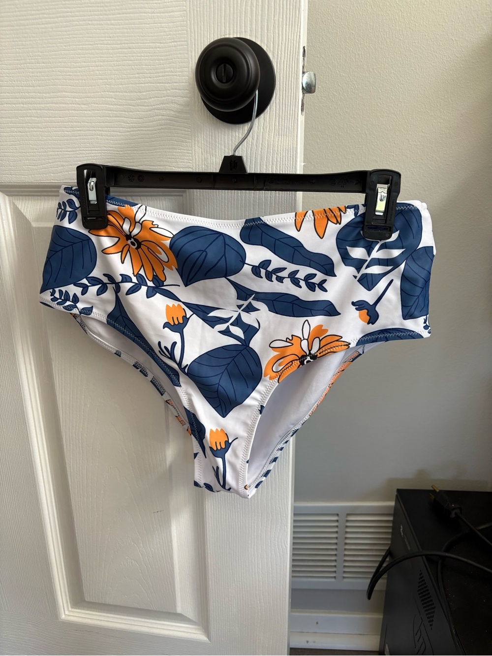 Cupshe White High-Waist Bikini Bottom with Navy and Orange Floral Print